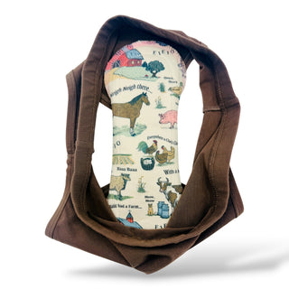 SoCo Studio reusable organic cotton menstrual pad with a farm animal print inside brown underwear