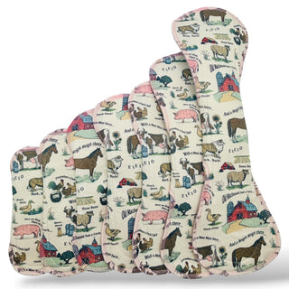 SoCo Studio reusable organic cotton menstrual pads featuring a nostalgic farm animal print in an hourglass shape.